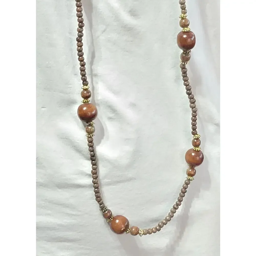 Vintage Long Wood Beaded Necklace 54” Boho Dark Brown‎ Gold-tone Tribal br01-09